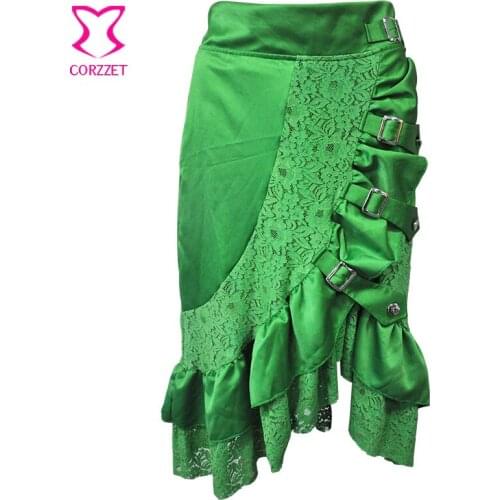 S-6XL Sexy Green Satin Ruffle Hollow Out Floral Lace Asymmetrical Victorian Steampunk Skirt Plus Size Gothic Skirts Womens 2017