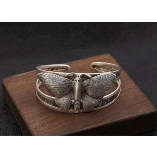 Solid 925 Sterling Silver handmade butterfly Women Retro Cuff Bangle Bracelet mom gift jewelry A4639
