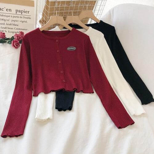 2021 Spring Autumn Vintage Long Sleeve knitted cardigan Button Sweater Women Jacket Slim Ribbed Crop Top Female Korean Style