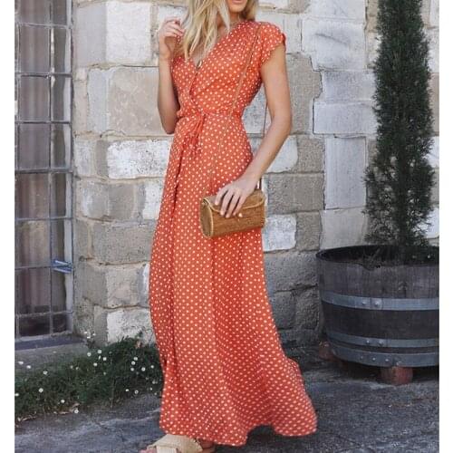 Polka Dot Print A-line Long Dress Women V-neck Short Sleeve Maxi Dresses Lace Up 2021 Spring Summer High Waisted Vestidos Female
