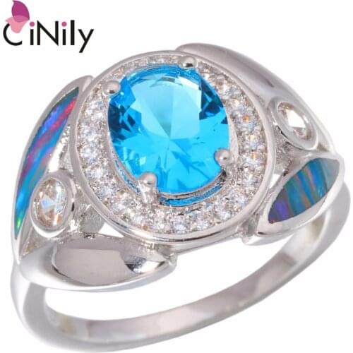 CiNily Created Rainbow Fire Opal Blue Stone Cubic Zirconia Silver Plated Wholesale For Women Jewelry Gift Ring Size 6-9 OJ9231