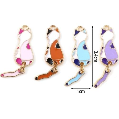 10 PCs Cute Cat Charms Pendant For Jewelry Making Zinc Based Alloy Pendants Animal Gold Color White & Purple Enamel 34mm x 10mm
