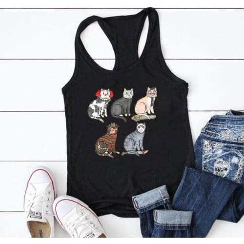 2021 Casual Horror cat Print Tank Top Women Sleeveless Summer Vest Graphic Crew Neck Tops Plus Size Ropa Mujer sexy blouse