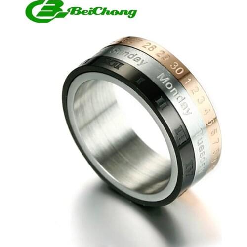 Beichong High Polished Spinner Ring Date Number & Roman Numeral & Day Design Rotatable Stainless Steel Band For Boy Party Gift