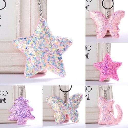 Shiny Reflective Cartoon Keychain Heart Stars Pine Kitty Butterfly Keyring For Women Girls Handbag Pendant Car Key Chains Jewelr