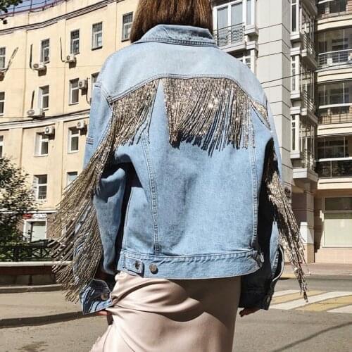 New Denim Jacket Tassels Sequins Womens Jeans Korean Loose Jeans Jacket Shimmer Beading Coat Casual Girls Outerwear veste femme