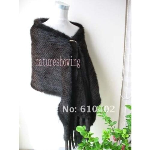 Elegant Women Best Real Mink fur Hand-Woven Cape Coat Lady Winter Warm Poncho With Ribbons Soft Wraps Brown
