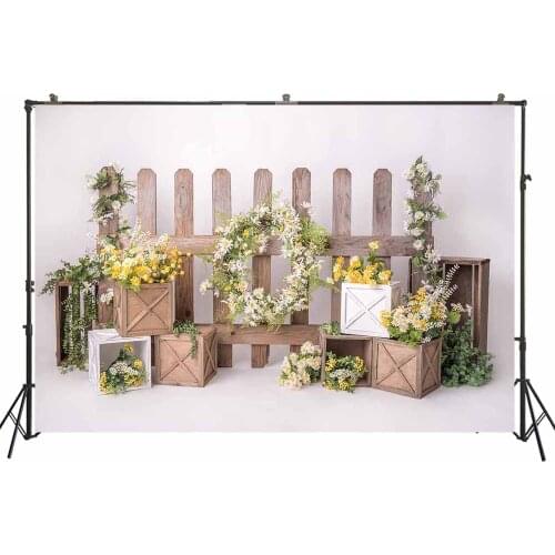 Baby Girl 1st Birthday Cake Smash Photography Backdrop Portrait Background Easter Spring Daisy Flowers Wreath Fence Studio Photo