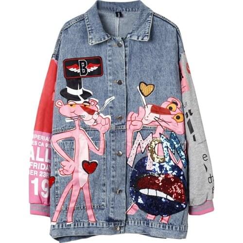 NEW Spring autumn fashion sequins cartoon leopard denim jackets loose Lady streetwear coats