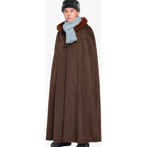 Thicken Mens Capes Winter Warm Fur Collar Men Hooded Cloak Mens Windbreakers Vintage Male Medieval Cloak Outerwear Raincoat