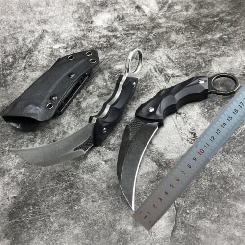 Karambit Fixed Blade Claw Knife D2 Satin/Stone Wash Blade Black G10 Handle Survival Tactical Knives With Kydex H0135