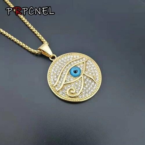 Round The Eye Of Horus Pendant Necklaces with zircon For Women And Men Gold Color Stainless Steel punk Jewelry Dropshipping