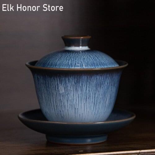 180ml Temmoku Glaze Kiln Fambe Ceramics Sancai GaiWan Master Cups Handmade Tea Bowl Household Kung Fu Tea Cover Bowl Teaware