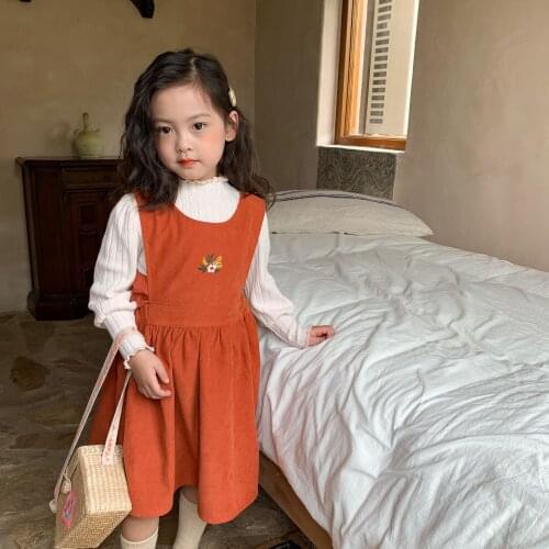 Kids Dress New Autumn Baby Girls Flying Sleeve Vest Printed Dresses Toddler Corduroy Flower Embroidered Pattern Children Clothes