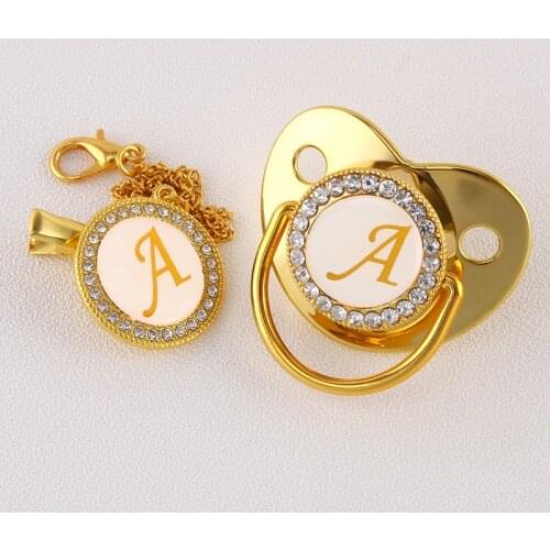 Luxury Golden 26 Initial Letter BlingBling Pacifier Chain Clip Newborn Infant Dummy Nipple Food Grade Silicone Soother Chupete