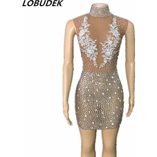 Luxury Rhinestones Mesh Transparent Short Dress Women Birthday Prom Evening Party Singer Host Stage Performance Outfit Costume