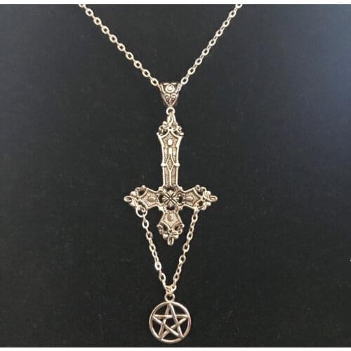 Vintage Large Handstand Cross and Pentagram Necklace, Gothic Satan Necklace, Witch Punk Jewelry Mystery Gift