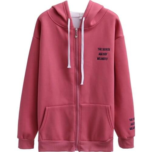 Autumn Winter Fleece New Loose Korean Women Hoodie Plus Size Cotton Sweatshirt Zipper Fashion Embroidered Letters Coat Female