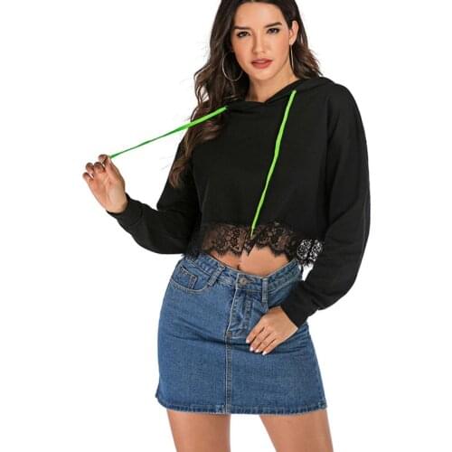 Womens New Autumn Sweatshirt Lace Solid Color Short Bottoming Hooded Sports Hoodie Casual Female Wn