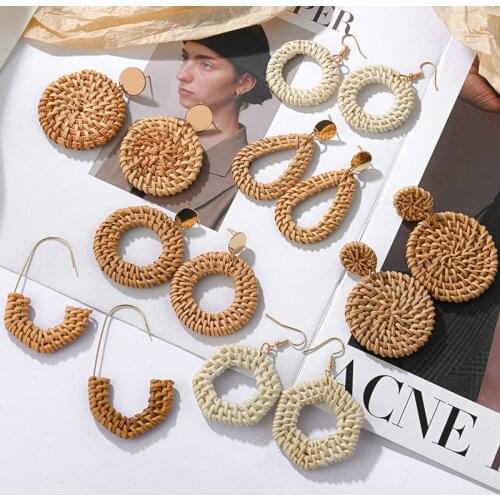 X&P New Summer Simple Raffia Round Drop Dangle Earrings For Women Korea Handmade Rattan Straw Braid Earrings Party Jewelry Gifts