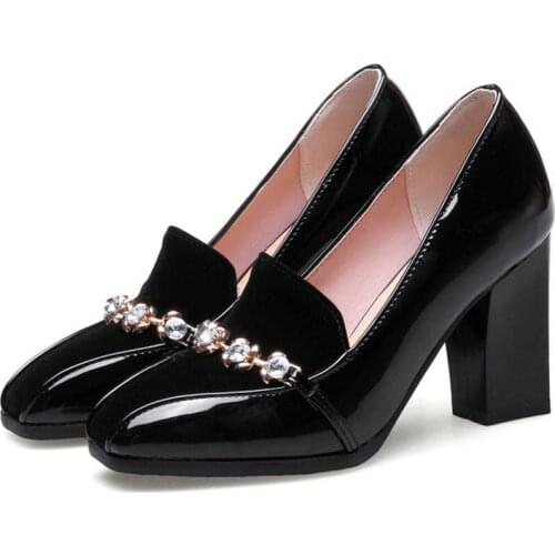 Sianie Tianie Retro Female Work Shoes Patent PU Leather Block High Heels Loafers Slip-on Crystal Womens Stilettos Pumps Size 48
