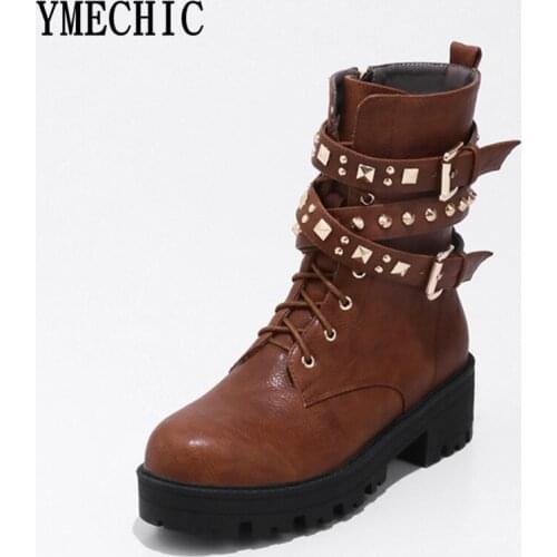YMECHIC 2017 Ladies Rivets Buckle Strap Military Combat Motorcycle Boots Female Med Heel Ankle Boot Women Shoes Winter Plus Size