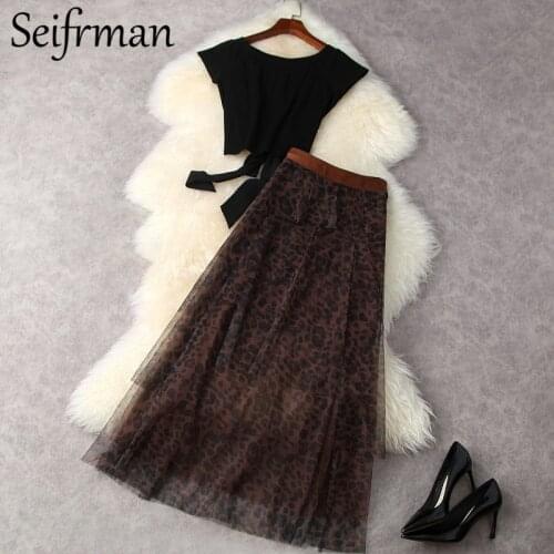 Seifrmann New 2021 Summer Women Fashion Designer Skirts Set Bow Black Short Tops+High Waist Mesh Leopard A-Line Skirts Suits