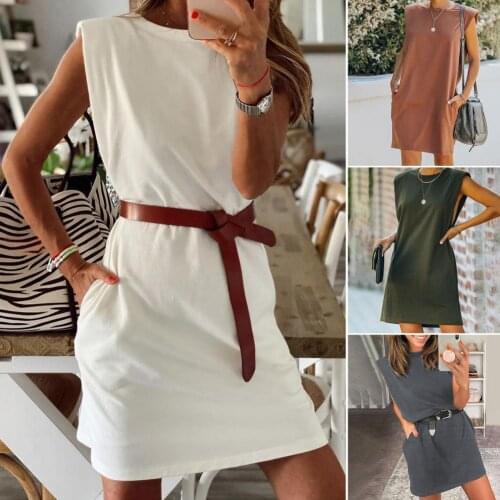 Newest Women Summer Dress Sleeveless Solid Color O Neck Pockets Loose Mini Dress with Belt for Work robe femme vestido de mujer