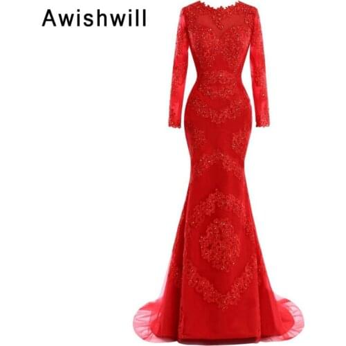 New Fashion Red Evening Dresses Mermaid Beaded Appliques Elegant Long Sleeve Formal Dress Women Arabic Evening Gowns