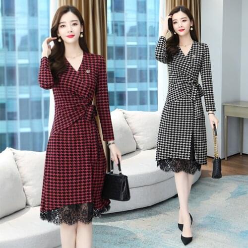 2021 Vintage Houndstooth Plaid Midi Dress Autumn Winter New 4XL Plus Size Office Lady Dress Elegant Women Bodycon Party Vestidos
