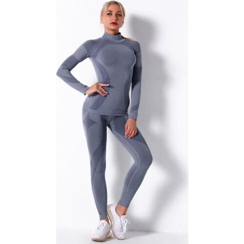 Seamless Yoga Set Women Workout wear Long Sleeve fitness tshirt top + Yoga sport Leggings workout sportswear GYM outfit