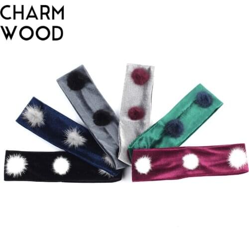 Kids Velvet Headband with Pompom 6 cm Wide Polyester Solid Color Flat Polyester Headband for Girls DIY Hair Band with Applique