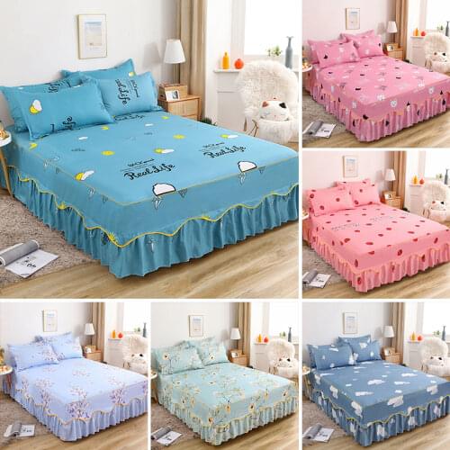 Cute Cartoon Print Ruffle Double Bed Sheet Mirco Fiber Plain Ruffles Bed Cover Soft Skin-friendly Bedsheet Bed Linen Bedding