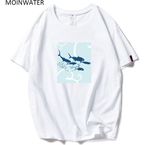 MOINWATER New Women White O-neck T shirts Fish Pattern Lady Summer Tees Female Cotton Black Comfortable Tops MT19126
