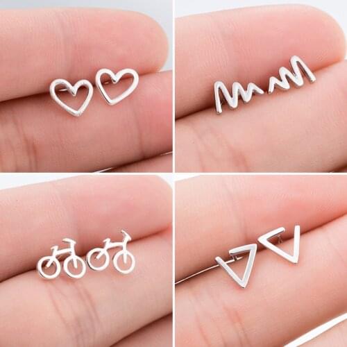 Korean Fashion Love Heart Stud Earrings Geometric Wave Bicycle Triangle Earring Women Fashion Jewelry Girlsfriend Pendientes