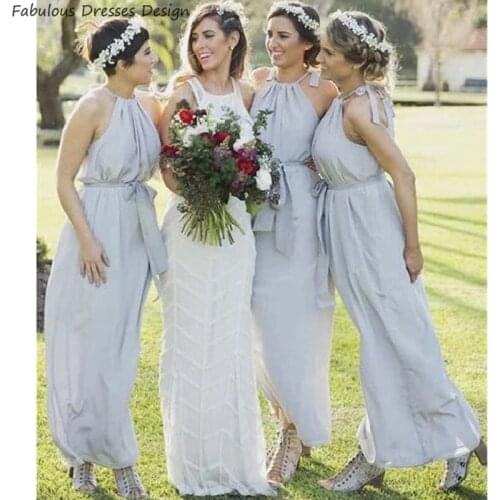 Newest Halter A Line Bridesmaid Dresses 2020 Fashion Bows Belt Chiffon Vestido De Festa Formal Long Wedding Guest Gowns