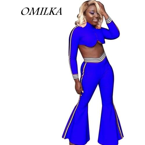 OMILKA 2018 Summer Women Long Sleeve O Neck Side Striped Crop Top and Long Pant Set Sexy Blue Orange 2 Piece Clothing Set