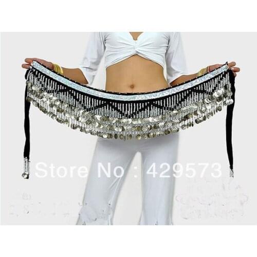 New-style belly dance tribal Belt Sexy India Egypt Performance Dancing Hip Scarf Belt Black color silver coins on