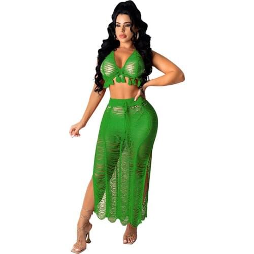 Sexy Knitted Tassel Beach Two Piece Set Dress Halter Lace Up Crop Top And Side Split Long Skirt Beach Holiday Hollow Out Outfits