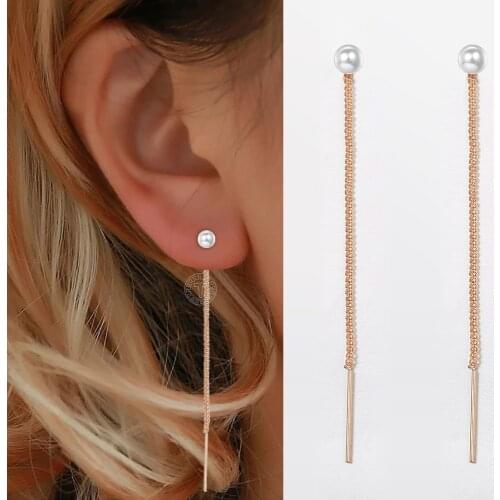 Long Chain Earrings 585 Rose Gold Drop Dangle Earrings for Women Girls Pearl Cute Wedding Engagement Fashion Jewelry LGE350