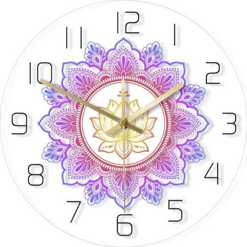 Mandala with Lotus Flower Modern Acrylic Wall Clock Living Room Bedroom Yoga Studio Wall Decoration Bohemian Style Wall Watch