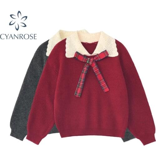 Preppy Style Sweaters Autumn Winter Japanese Long Sleeve Kawaii Sweet Women Knitted Sweater Tops Peter Pan Collar Pullovers