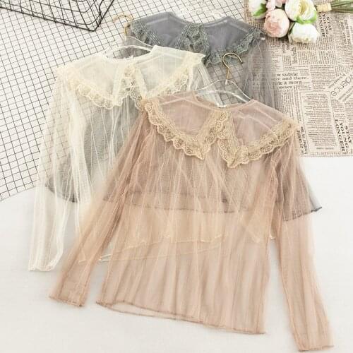 Women Peter Pan Collar Hollow Out Lace Flower Striped Mesh Gauze Basic Ruffles Shirt Vintage Elastic Slim Pullover Blouse Tops