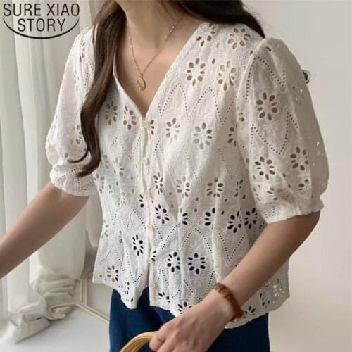 Womens Summer 2021 New Hollow Blouse Sweet Embroidery V-neck Buckle Loose Short Sleeve Shirt White Blouse Blusas Mujer 14243