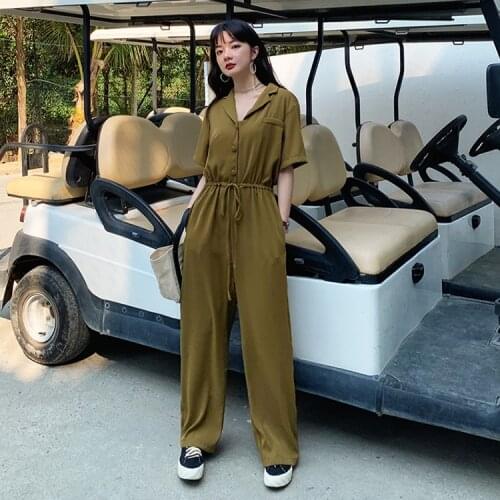 Short Sleeve Wide Leg Jumpsuit 2021 Summer Women Drawstring Waist Slim Casual Elegant One Piece Pants Sets Overalls Elegant Chic