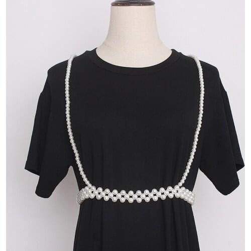 BOHO Ladies Pearl Harness Strap Shoulder Waist Belt Weaving Pearl Bra Harness Party Dance Dress Belt Waist Weding Sash Belt 2021