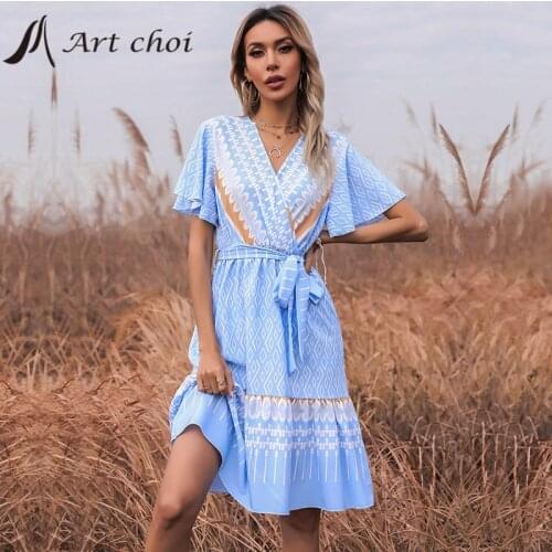 Paris Girl Summer Print Dress Elagant Women Cross Belt Bowknot Sexy V-Neck Bodycon Lace Up Vestido Butterfly Sleeve Dresses