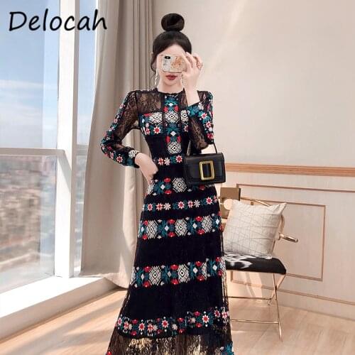 Delocah New 2021 Autumn Women Fashion Runway Party A-Line Dress Long Sleeve Gorgeous Embroidery Elegant Ladies Mesh Long Dresses