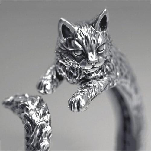 Womens Cute Antique Silver Plated Cat Ring Terrible Evil Witch Cat Opening Ring Cocktail Party Finger Ring Wedding Ring Jewelry