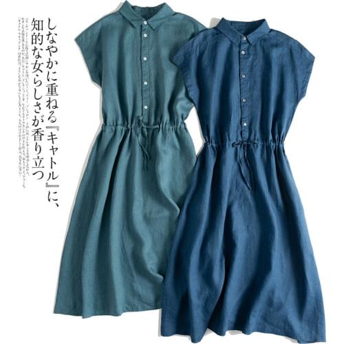 Summer New Women Loose Plus Size Mori Girls Brief Japan Style Comfortable French 14*14 Water Washed Linen Shirt Dresses 2 Colors